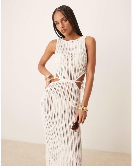 slash cut out dress Abercrombie & Fitch Textured Slash Neck Cutout Waist Maxi Dress in Natural