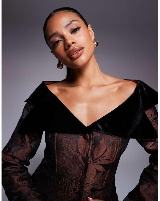 ASOS Black Co-Ord Jacquard Off Shoulder Blazer With Velvet Detail
