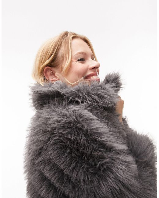 TOPSHOP Black Mid Length Faux Fur Coat