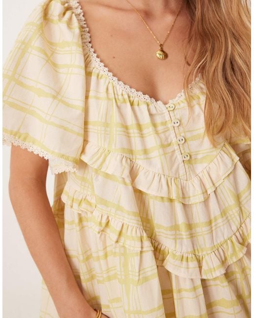 la prairie smock midi dress check Vrg Grl La Prairie Check Print Midi Smock Dress in Natural