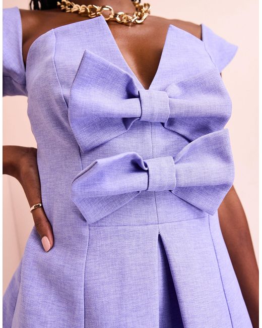 ASOS Purple Linen Look Off Shoulder Tailored Top With Bow Detail