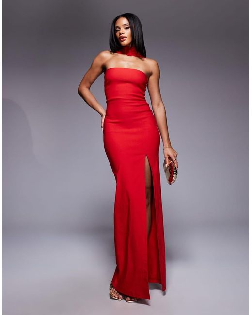 Vesper Maxi Bandeau-Jurk Van Bengaline Met Chokerhals En Zijsplit in het Red