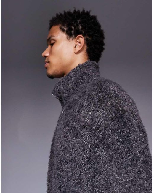 ASOS Blue Relaxed Funnel Neck Zip Through Fur Sweatshirt for men