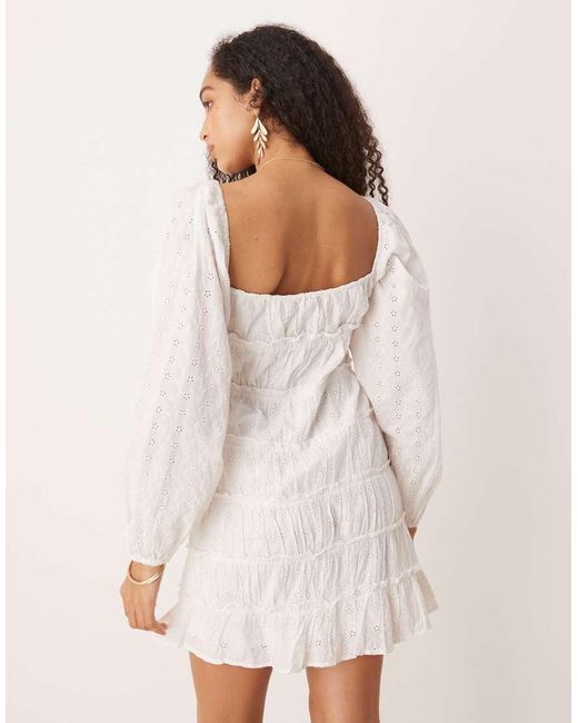 Gina Tricot White Long Sleeve Sweetheart Neck Broderie Anglais Mini Dress