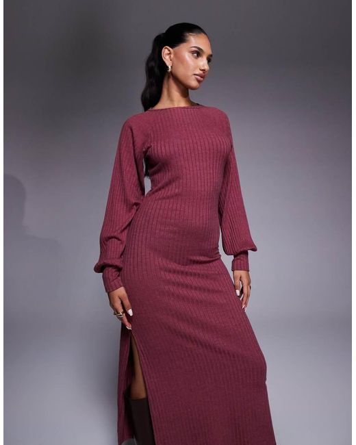 ASOS Red Ribbed Long Sleeve Balloon Sleeve Maxi Dress