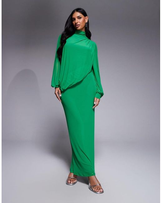 ASOS Green Modesty Mesh Wrap Over Draped Blouson Sleeve Maxi High Neck Dress