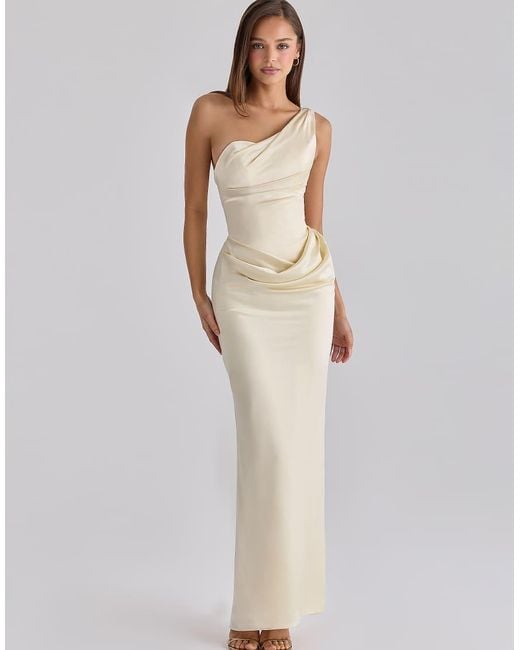 House Of Cb White Caprice Lemon One Shoulder Satin Maxi Dress
