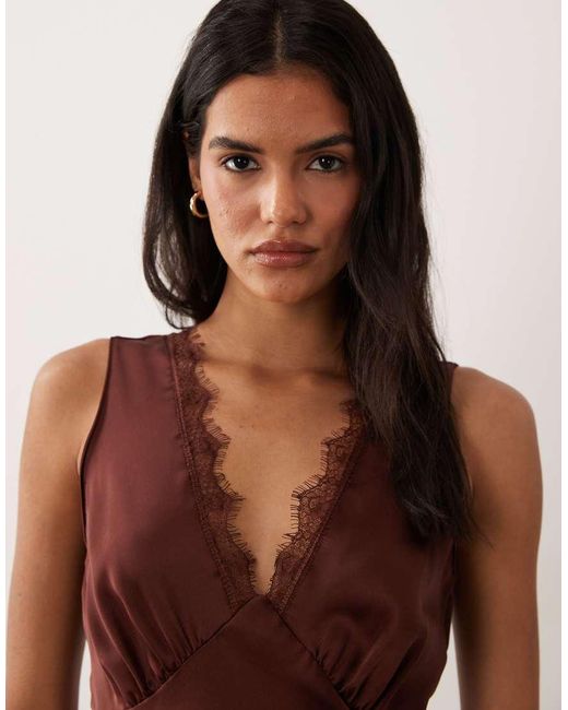 New Look Brown Lace Trim Satin Midi Dress