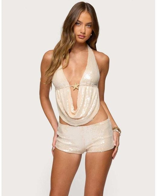 Edikted Natural Roxey Sequin Backless Cowl Neck Top