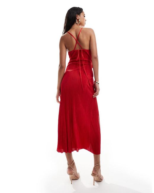 ASOS Red Plisse Maxi Cami Dress With Waterfall Corsage Front