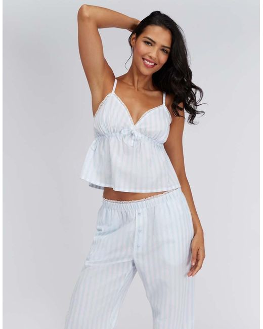 Boux Avenue White Striped Cotton Long Pyjama Set Cami Top & Trousers Nightwear