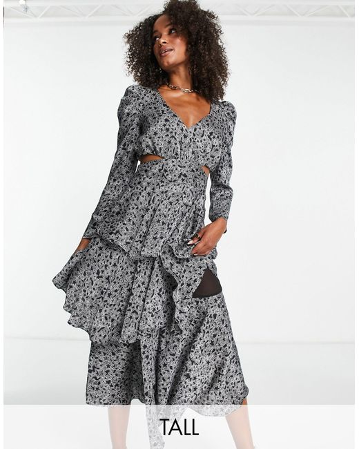 TOPSHOP Cut Out Waist Print Tiered Occasion Midi Dress in Gray | Lyst