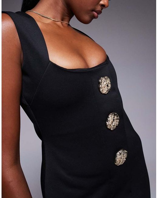 ASOS Black Square Neck Mini Dress With Gold Buttons