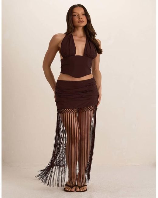 Missy Empire Brown Chiffon Ruched Tassel Maxi Skirt