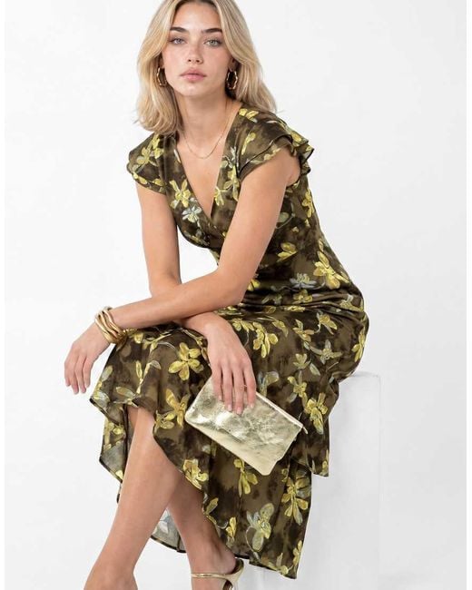 Lovedrobe Green Floral Flutter Sleeve Tiered Midaxi Dress