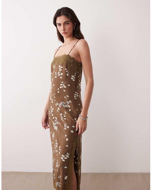 ASOS Natural Cami Maxi Slip Dress With Lace Trims