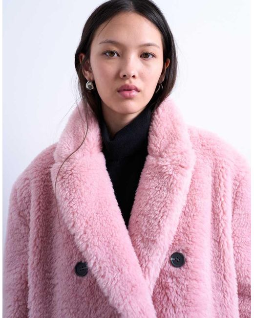 TOPSHOP Pink Double Breasted Borg Longline Coat