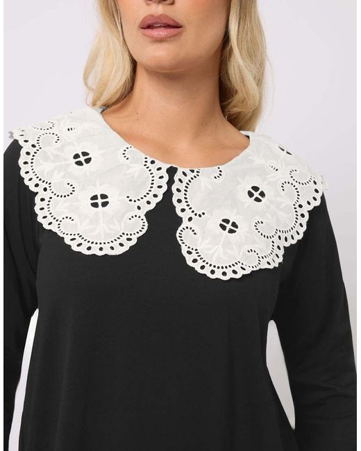 Yours Clothing Black Broderie Anglaise Oversized Collar Top