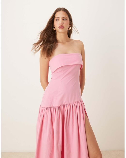 ASOS Pink Fold Over Bandeau Midi Dress With Asymmetric Detailing