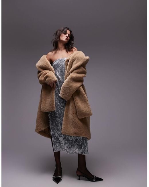 TOPSHOP Brown – auffälliger super-oversize-mantel aus teddyfell