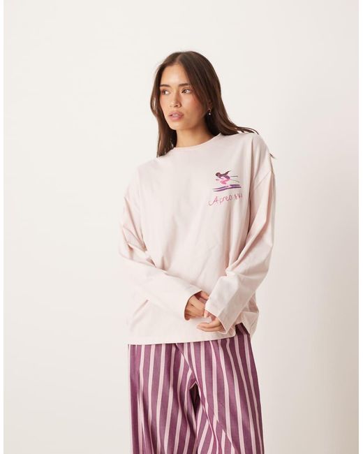 ASOS Oversized Pyjamaset Van T-Shirt Met Cocktailprint En Lange Mouwen En Gestreepte Broek Met Wijde Pijpen in het Pink