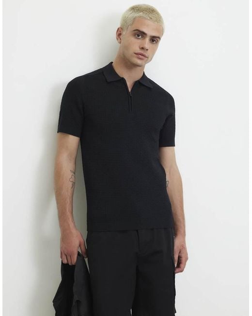 River Island Black Muscle Fit Hexogen Textured Polo Shirt for men