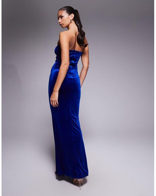 Murci Blue Exclusive Velvet Bandeau Gold Hardware Cut Out Detail Bodycon Fishtail Maxi Dress