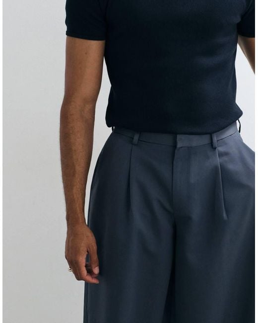 ASOS Blue Pleated Wide Barrel Leg Dress Pants for men