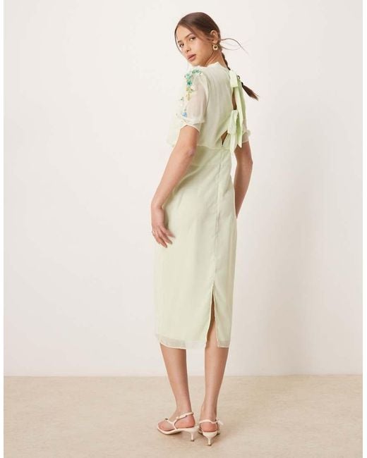 Hope & Ivy Natural Embellished Midi Dress With Bow Back