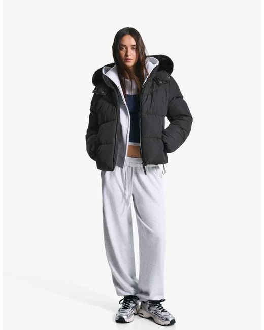 Bershka Black Puffer Jacket With Faux Fur Hood
