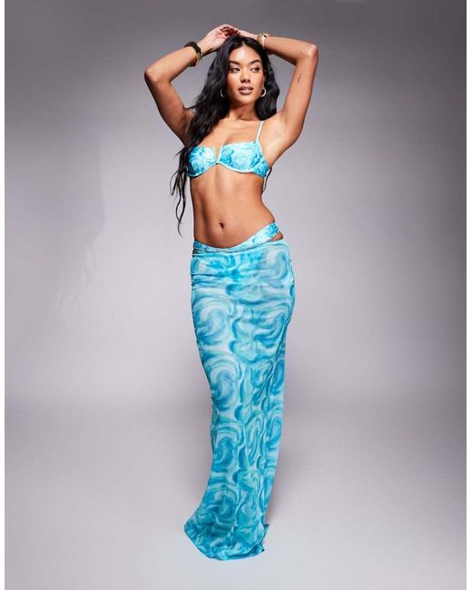 South Beach Blue Abstract Print Mesh Maxi Beach Skirt