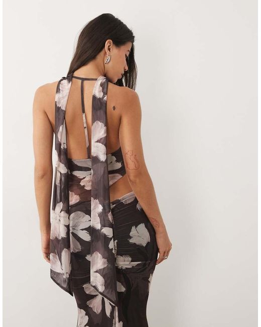ASOS Brown Co-ord Printed Mesh Cowl Drape Top
