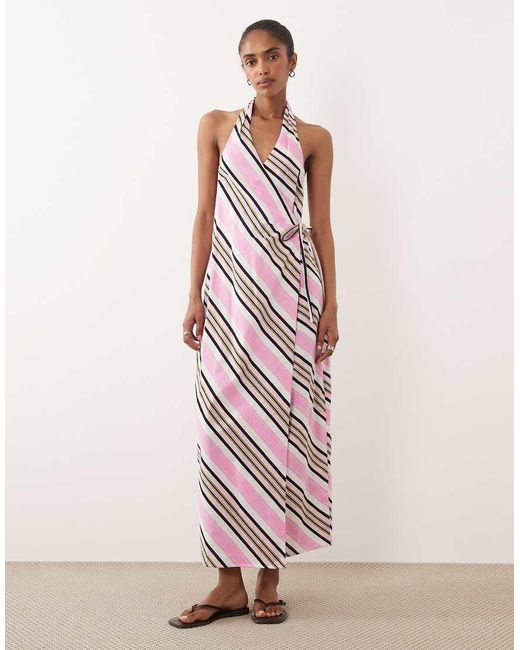 ASOS Pink Cotton Linen Halter Neck Wrap Maxi Sundress
