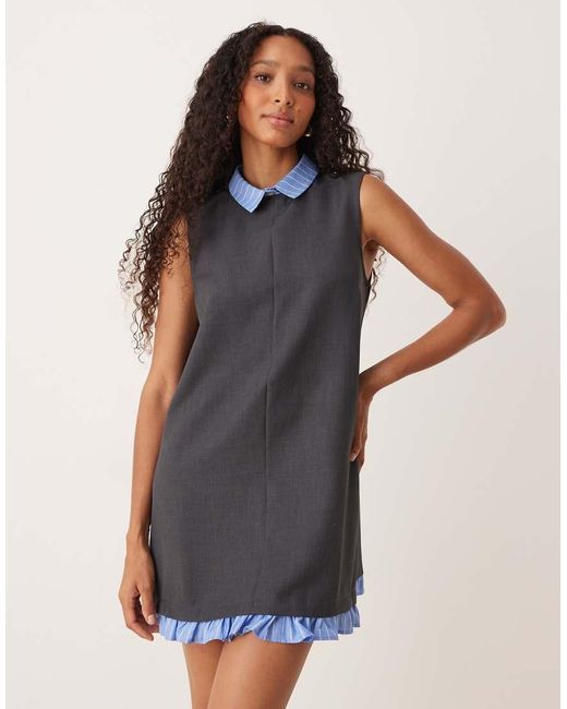 ASOS Gray Shift Mini Dress With Contrast Shirt Collar And Hem