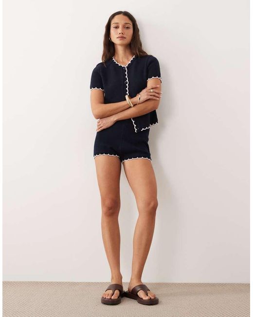 Miss Selfridge Blue Blanket Stitch Short