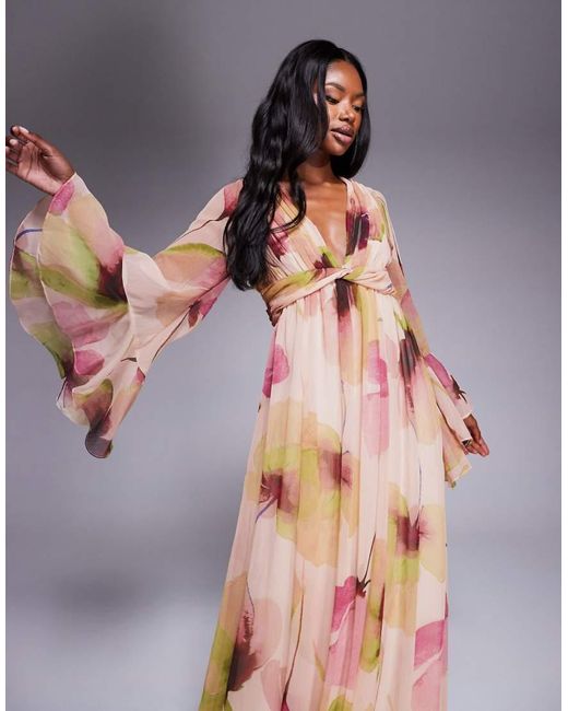 ASOS Multicolor Fluted Sleeve Twist Front Maxi With Plunge Neckline