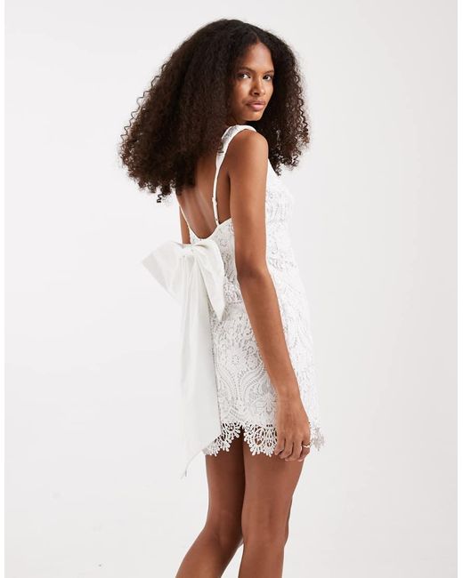 TFNC London White Bridal Boat Neck Bow Back Lace Mini Dress