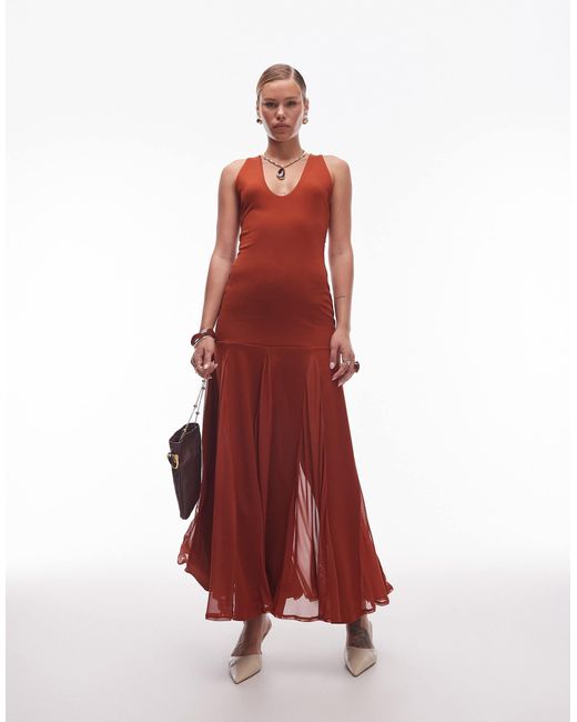 ASOS Red Scoop Neck Maxi Dress With Sheer Godet Skirt
