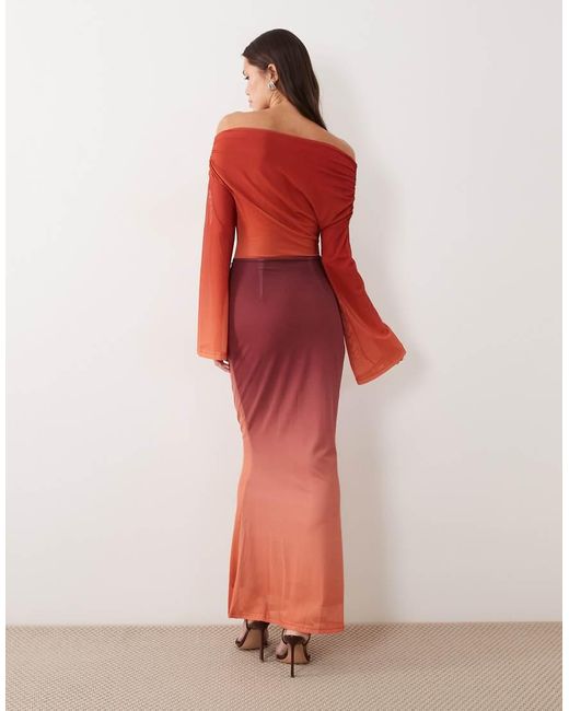 Ruched & Ready Red Sculpting Mesh Off-shoulder Wide Sleeve Twist Skirt Detail Maxi Dress