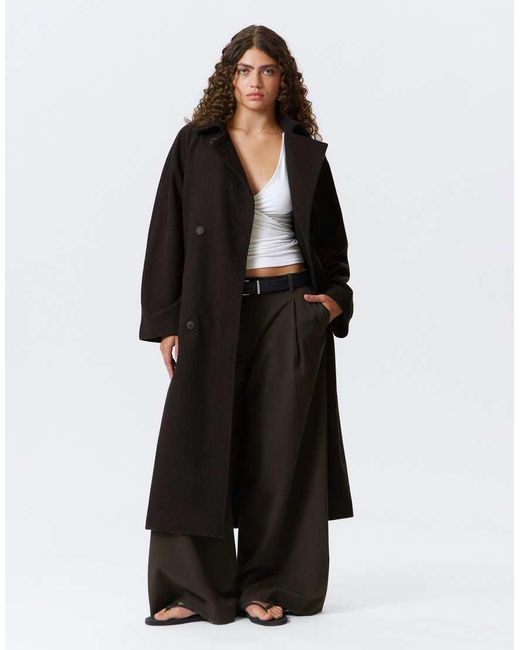 Weekday Black Kia Wool Blend Oversized Coat With Tie Waist Detail