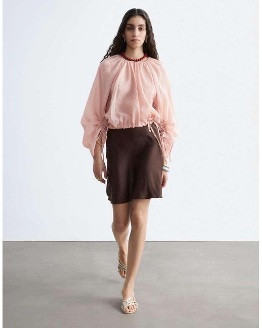& Other Stories Red Sheer Cropped Blouse With Drawstring Sleeves And Waist