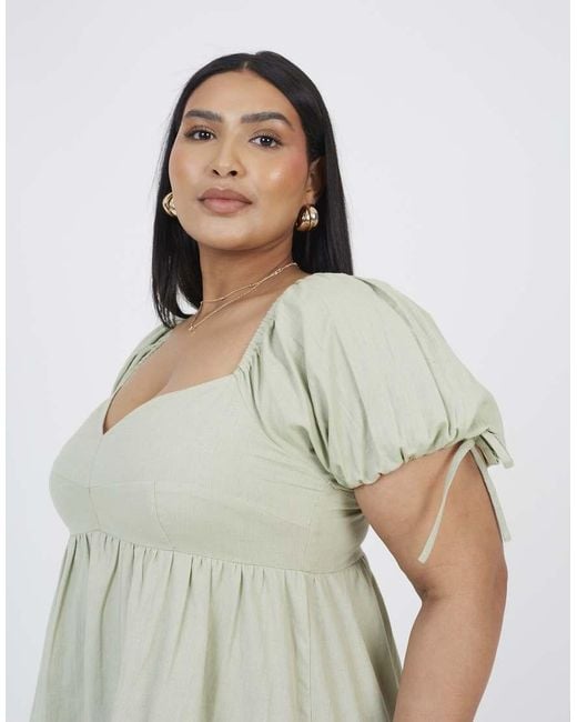 Brave Soul Green Curve Cotton Puff Sleeve Mini Dress