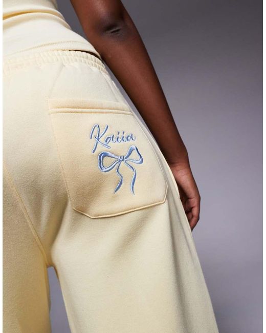Kaiia Blue Cotton Rich Embroidered Bow Logo Wide Leg joggers Co-ord
