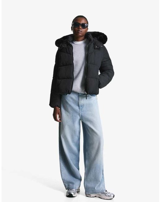Bershka Black Puffer Jacket With Faux Fur Hood