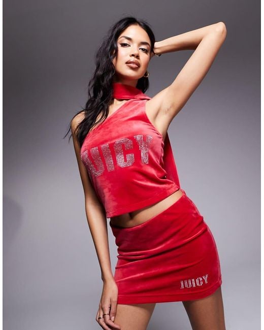 Juicy Couture Red Diamente Logo Asymmetric Top Co-ord