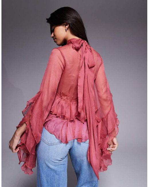 Bardot Red Anyssa Sheer Chiffon Ruffle Detail Bell Sleeve Cutout Blouse