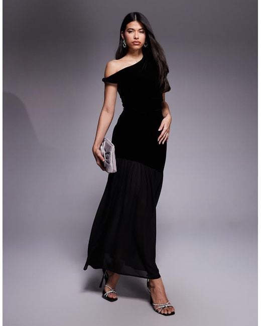 Gina Tricot Black Velvet Twisted Off Shoulder Maxi Dress With Mesh Skirt