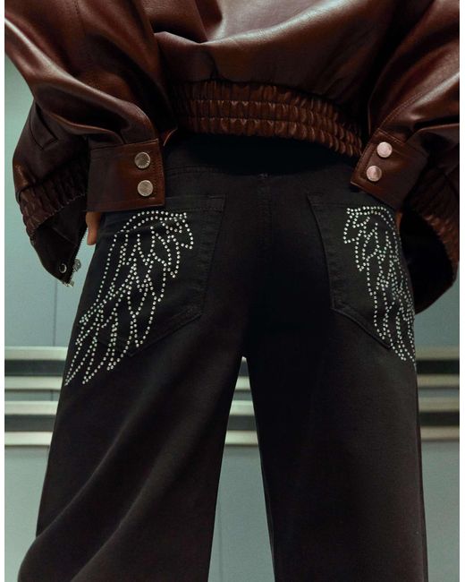 Pantalon droit à strass et taille basse Bershka en coloris Green