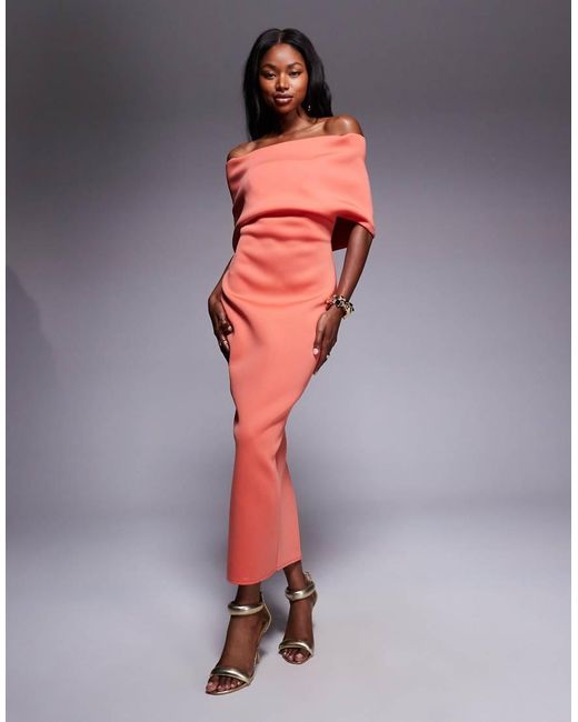 ASOS Orange Deep Bardot Midi Dress With Cape Back Detail
