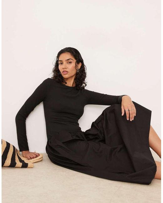 ASOS Hybride Midi Jurk Met Lange Mouwen En Lage Ronde Rug in het Black